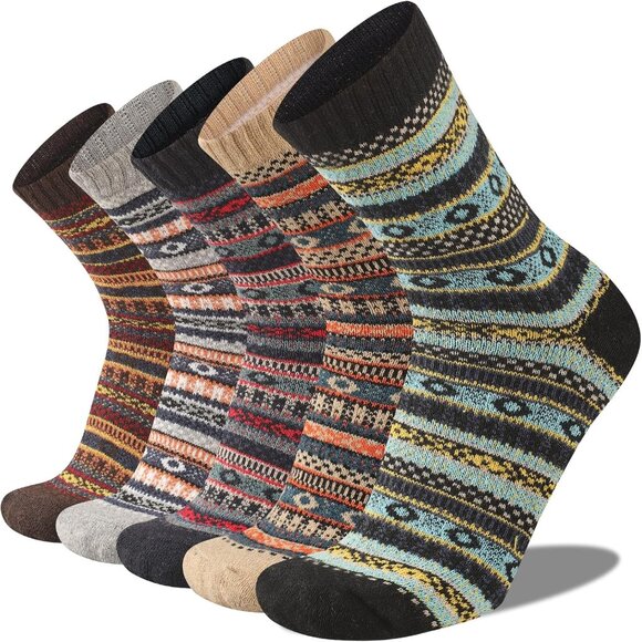 5 Pairs Wool Socks Mens Warm Winter Thermal Thick Pattern Crew Socks for Cold We - Picture 1 of 7